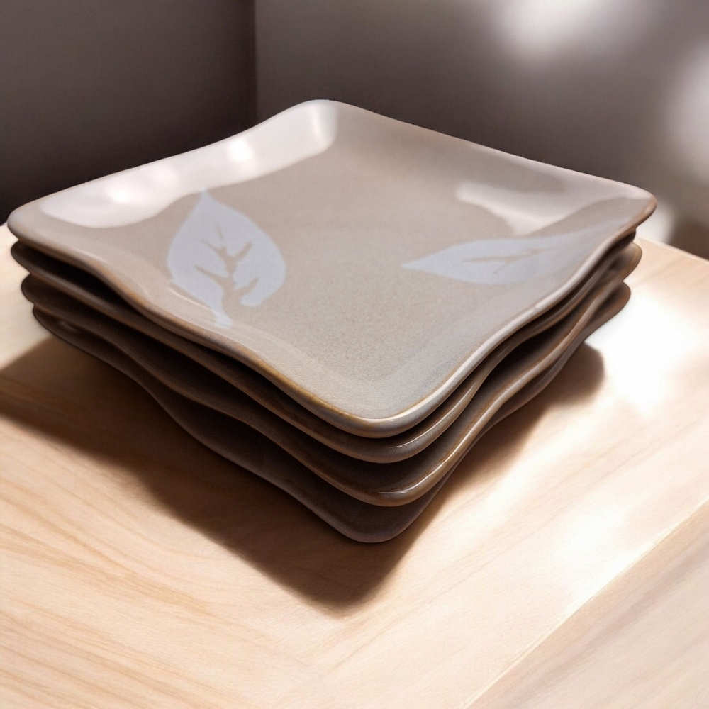 Set Of 4 Karen Neuburger Small Appetizer Plates Willow Collection  Leaves Tan